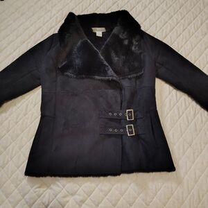Vintage Style Women's Teddy Jacket with Faux Fur Collar - Black